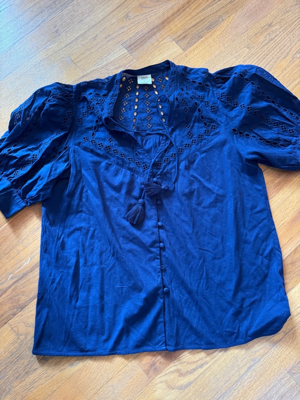 Women's Navy Eyelet Button-Down Shirt with Tassel Tie